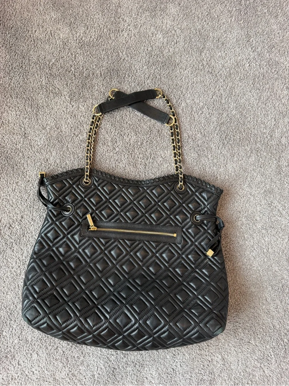 Tory Burch Black Quilted Chain-Handle Tote with Logo Medallion